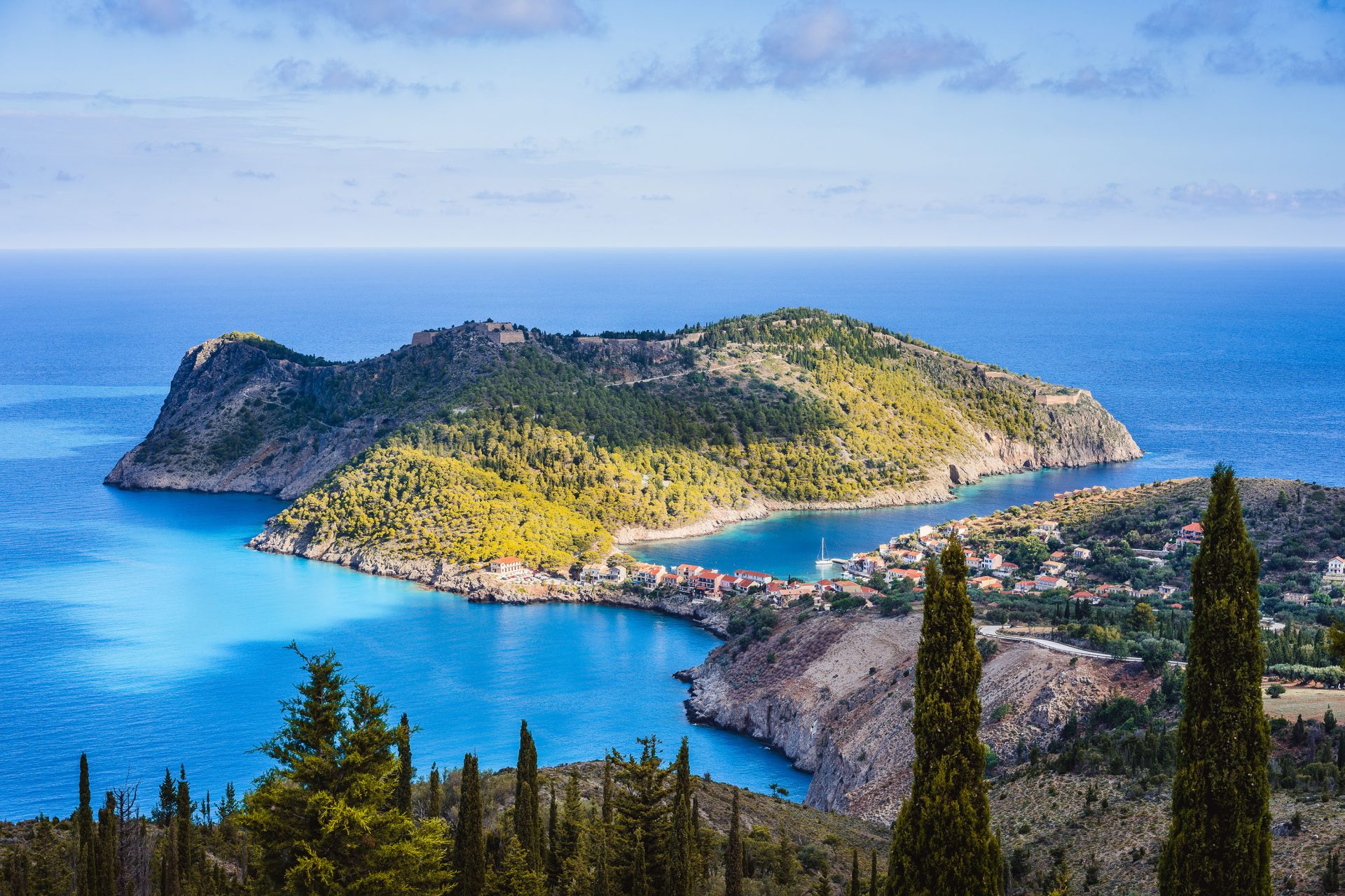 view of assos village and calm sea bay